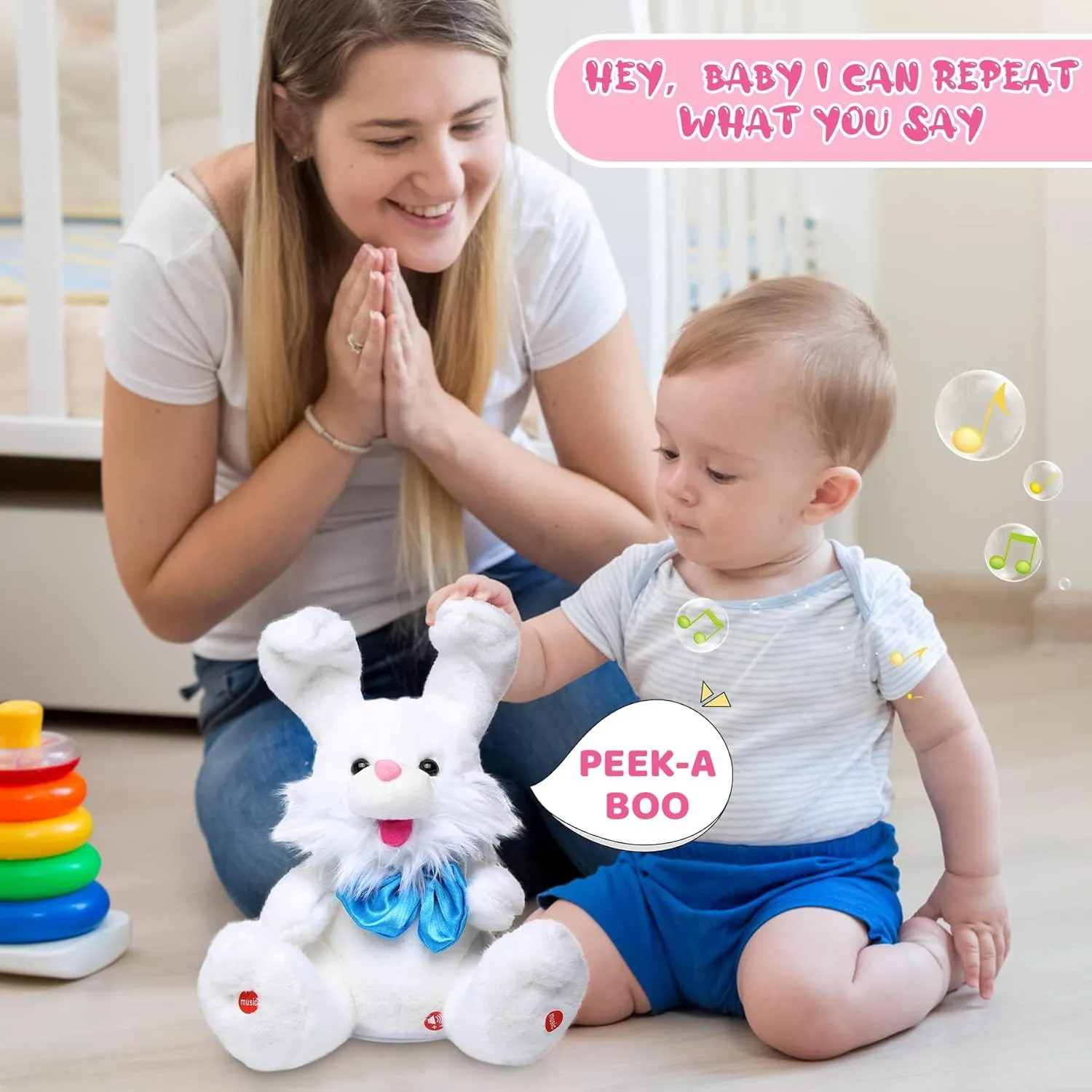 MIAODAM Peek A Boo Bunny Stuffed Animal, Singing Baby Toys for Kids, Children Song & Lullabies Easter Bunny Rabbit Repeats What You Say, Bunny Baby Toys 6-12 Months Talking Singing with Floppy Ears