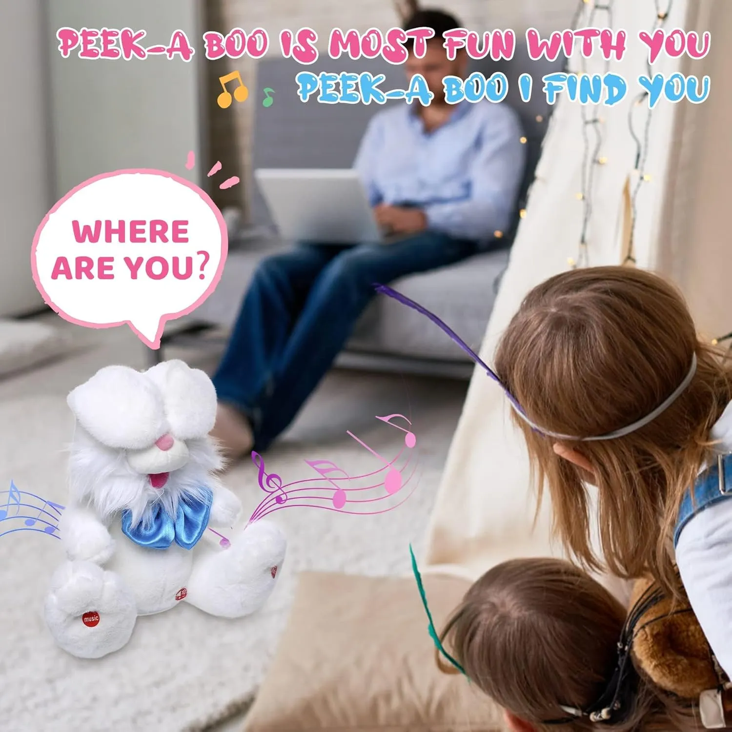 MIAODAM Peek A Boo Bunny Stuffed Animal, Singing Baby Toys for Kids, Children Song & Lullabies Easter Bunny Rabbit Repeats What You Say, Bunny Baby Toys 6-12 Months Talking Singing with Floppy Ears