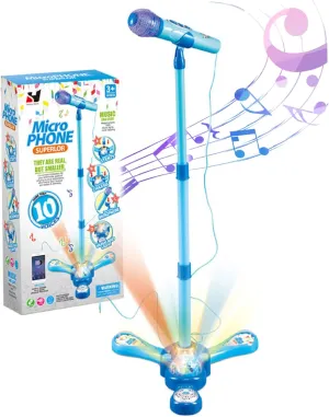 Microphone for Kids Karaoke Machine with Flashing Lights and Adjustable Stand Fun Musical Effects Kids Microphone and Stand for Musical Toys Blue