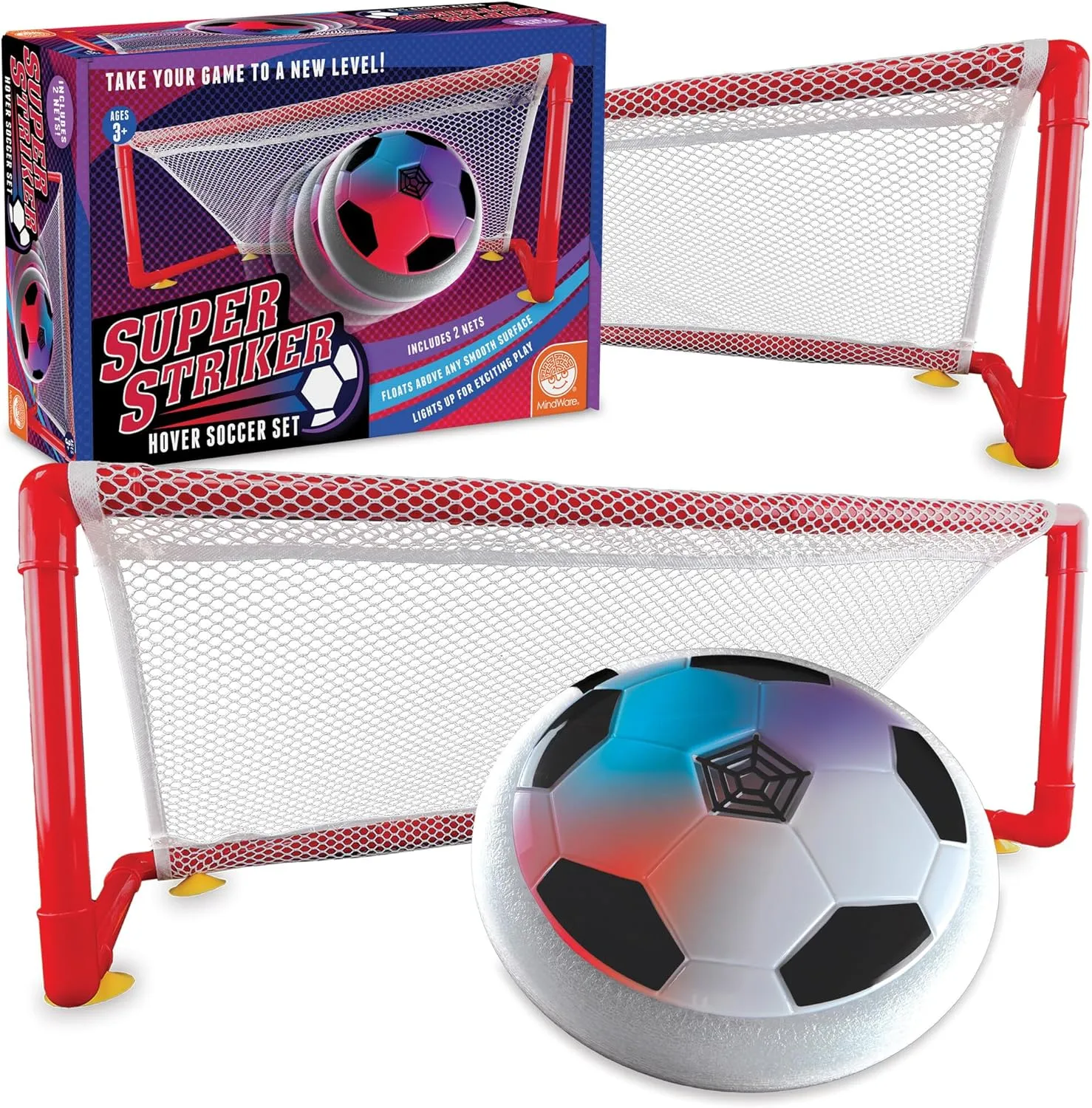 MindWare Super Striker Hover Soccer Ball Set - Indoor Soccer for Kids Ages 3 and Up - Flashing LED Lights - USB Charger - Includes 2 Sturdy Nets for 1 or 2-Player Indoor Games for Kids 8-12