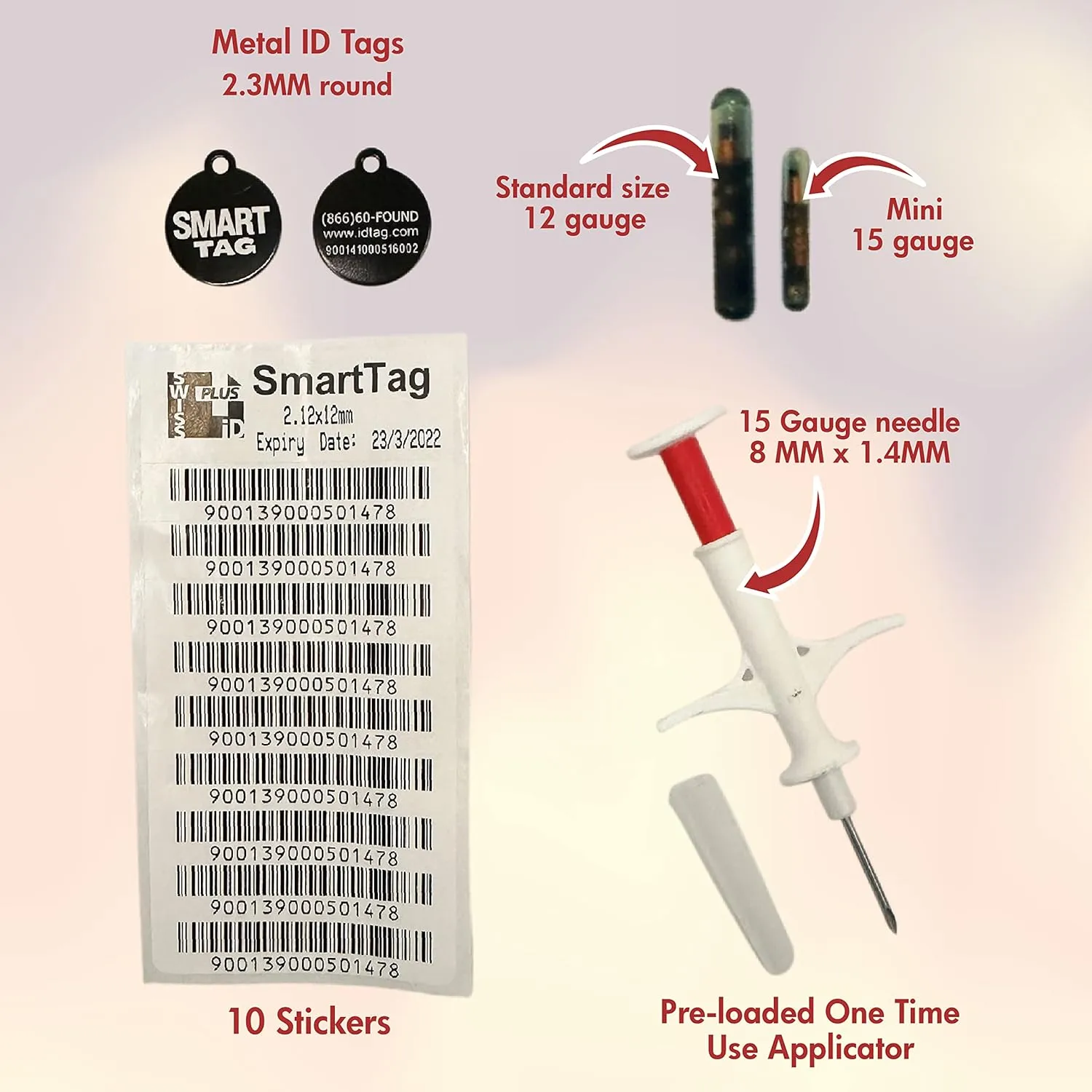 Mini ISO Data Microchip with Lifetime Pet Recovery Service/24-7 US Call Center/Free Registration, Implanter & Metal ID Tag for Dogs, Cats & All Animals, 15 Gauge/Reusable Poly-Bag/25 Pack