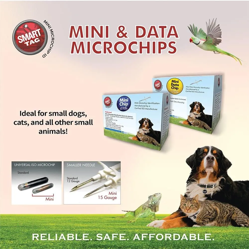 Mini ISO Data Microchip with Lifetime Pet Recovery Service/24-7 US Call Center/Free Registration, Implanter & Metal ID Tag for Dogs, Cats & All Animals, 15 Gauge/Reusable Poly-Bag/25 Pack