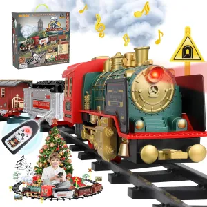 Mini Tudou Christmas Electric Train Set w/Steam, Sound & Light, Remote Control Train Toys w/Steam Locomotive Engine, Cargo Cars & Tracks, Toy Train w/Rechargeable Battery for Kids Boys 3  Year Old