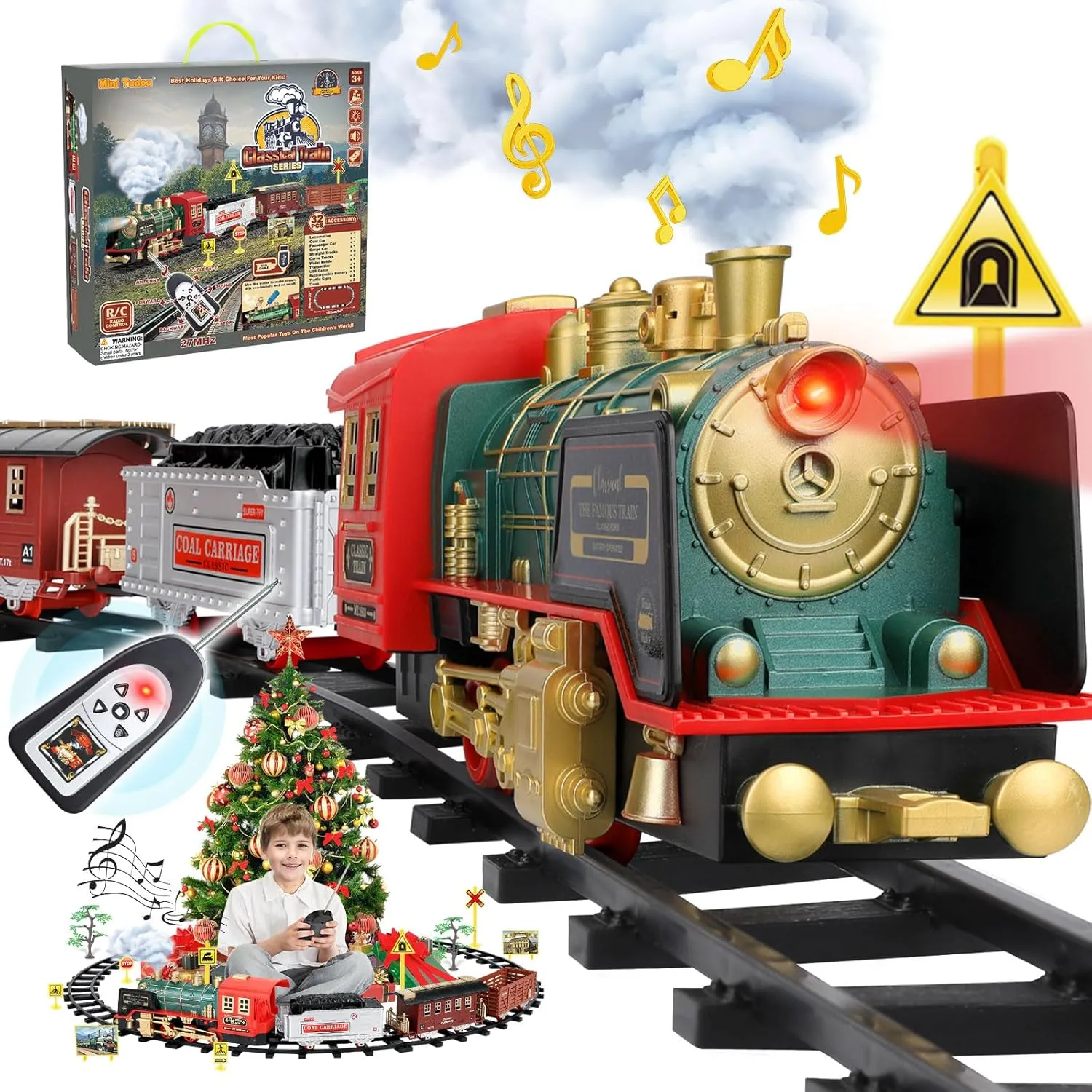 Mini Tudou Christmas Electric Train Set w/Steam, Sound & Light, Remote Control Train Toys w/Steam Locomotive Engine, Cargo Cars & Tracks, Toy Train w/Rechargeable Battery for Kids Boys 3  Year Old