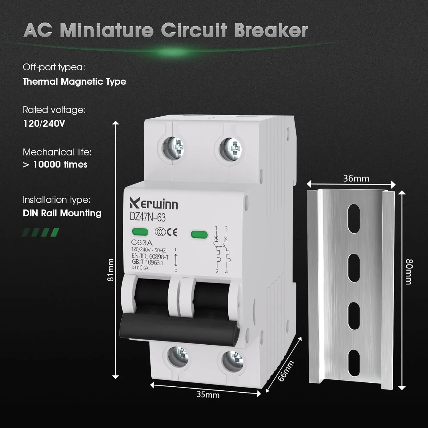 Miniature Circuit Breaker 120V/240V ac Circuit Breaker 2Pole 32Amp Smart Circuit Breaker DIN Rail Mount for Marine Power Systems,Solar photovoltaic Systems(C32A)