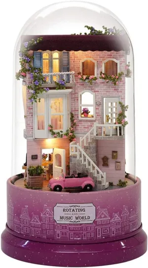 Miniature Dollhouse Kit, Cute Mini Rotate Music Box Christmas Tiny House Kit with Glass Cover and Led Light for Boys Girls Gift(Purple)