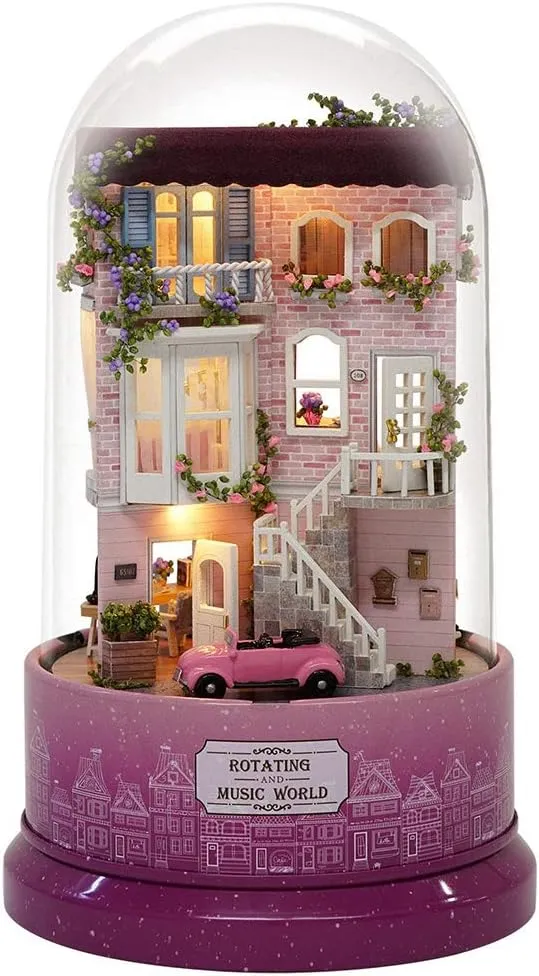 Miniature Dollhouse Kit, Cute Mini Rotate Music Box Christmas Tiny House Kit with Glass Cover and Led Light for Boys Girls Gift(Purple)