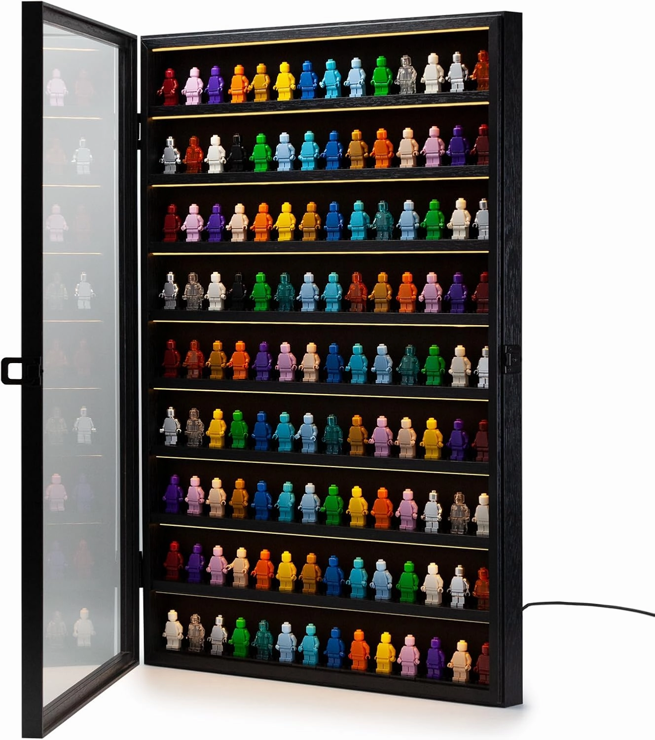 Minifigure Display Case with LED Light, Building Block Toy Miniature Action Figure Collectors Showcase, Mini Figures Wooden Lockable Display Frame Collector Cabinet Box Wall Mount