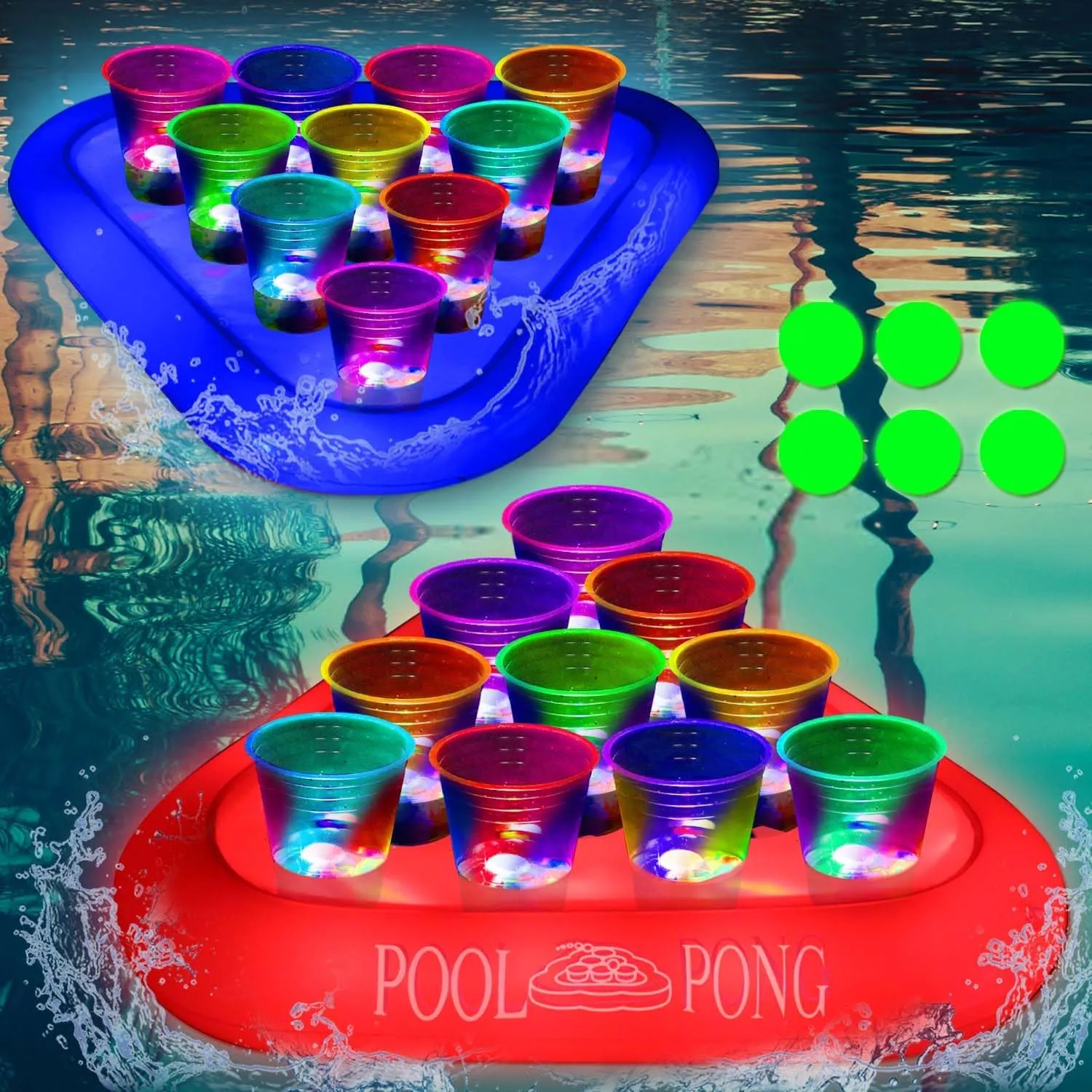 mishunyus Glow Large Pool Games, Inflatable Toss Game Set, Light Up Floating Pool Games, Daytime/Nighttime Glowing Pool Party Games, Summer Swimming Pool Games, 2 Pool Float Rack(Flashing 16 oz Cup)