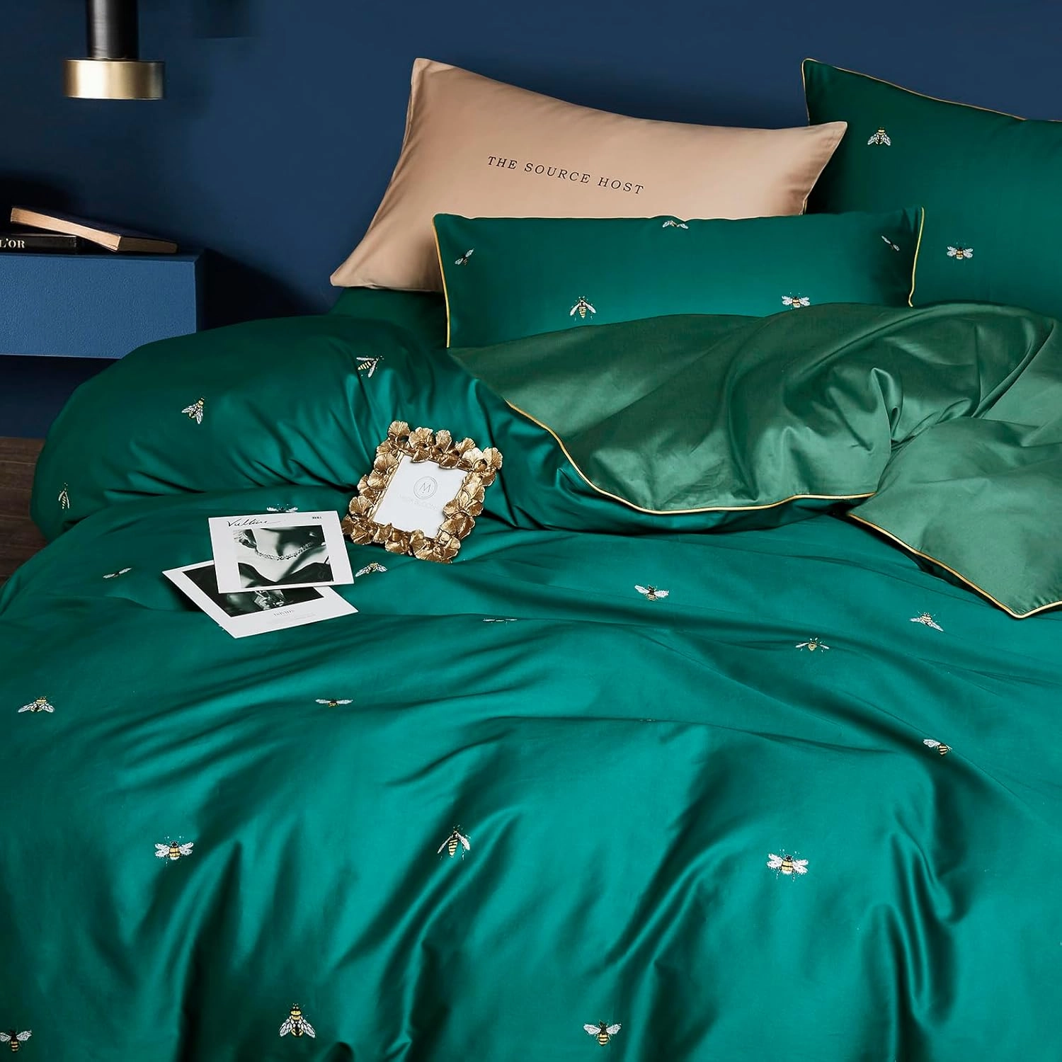 mixinni Dark Green Duvet Cover Queen Size, 100% Long Staple Cotton Honeybee Floral Pattern 3pc Bedding Duvet Cover Set with Zipper Ties 2 Pillowcases Perfect for Him and Her-Queen Size