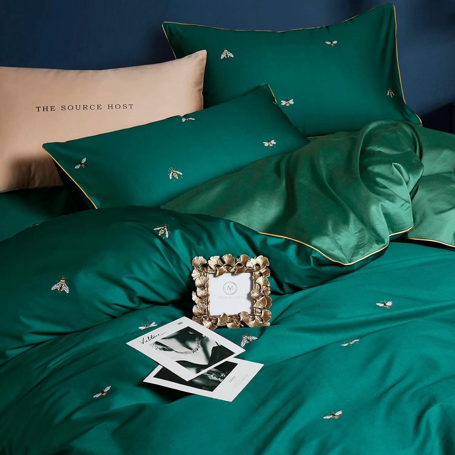 mixinni Dark Green Duvet Cover Queen Size, 100% Long Staple Cotton Honeybee Floral Pattern 3pc Bedding Duvet Cover Set with Zipper Ties 2 Pillowcases Perfect for Him and Her-Queen Size
