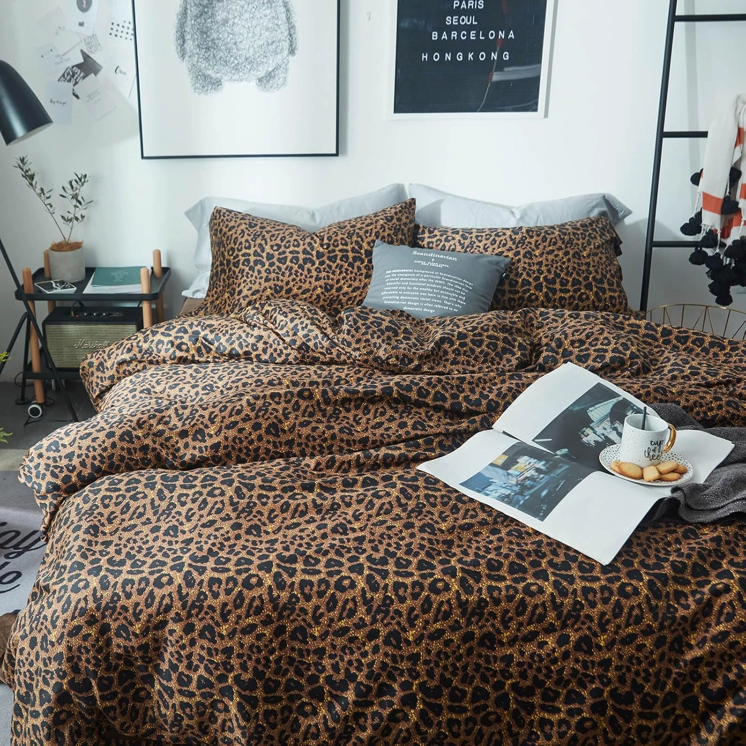 mixinni Leopard Print Comforter Set Twin XL-3 Pieces Animal Cheetah Printed Comforter Sexy Soft Fluffy Brown/Black Floral Print Bedding Set with 2 Pillowcases for All Season-Twin XL Size