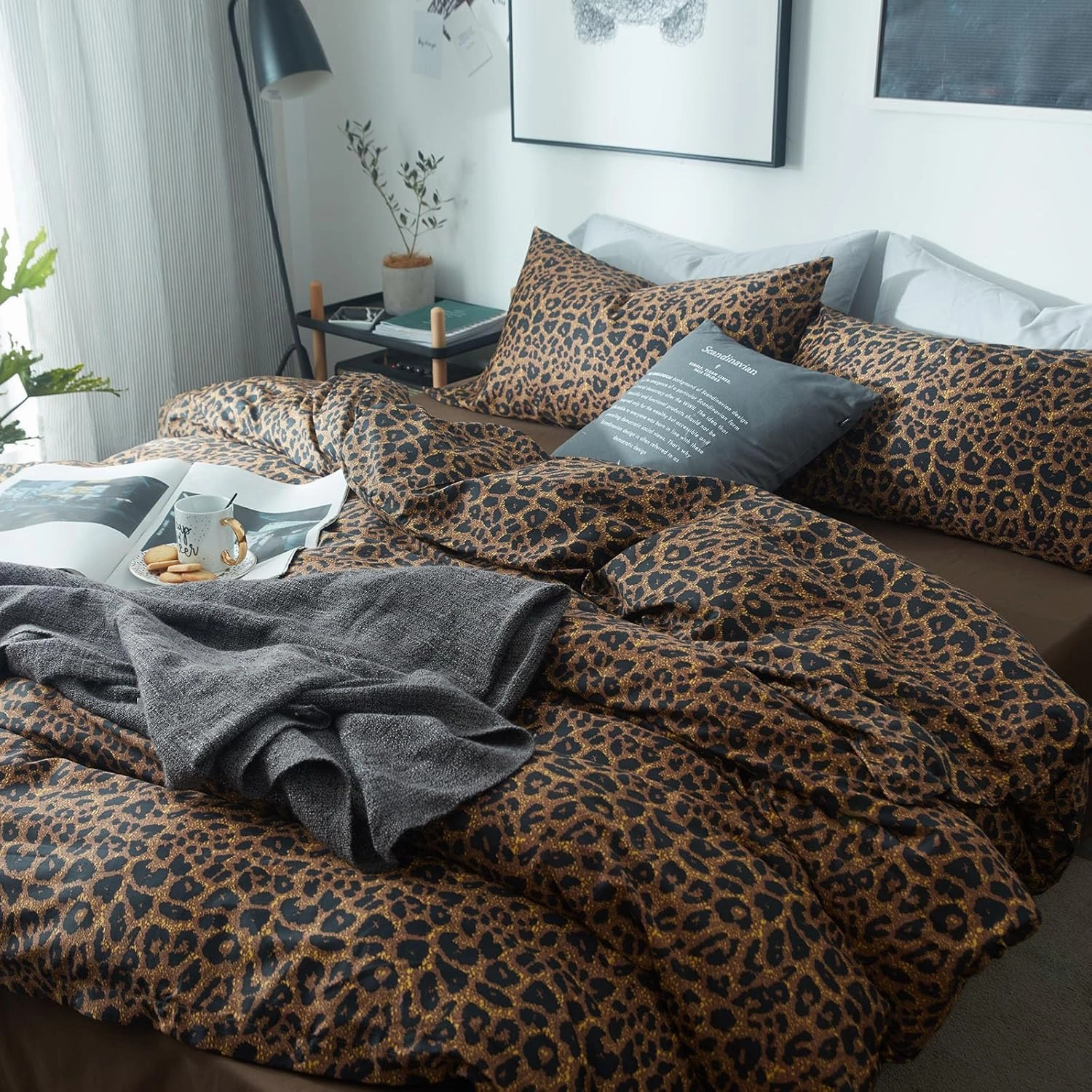 mixinni Leopard Print Comforter Set Twin XL-3 Pieces Animal Cheetah Printed Comforter Sexy Soft Fluffy Brown/Black Floral Print Bedding Set with 2 Pillowcases for All Season-Twin XL Size