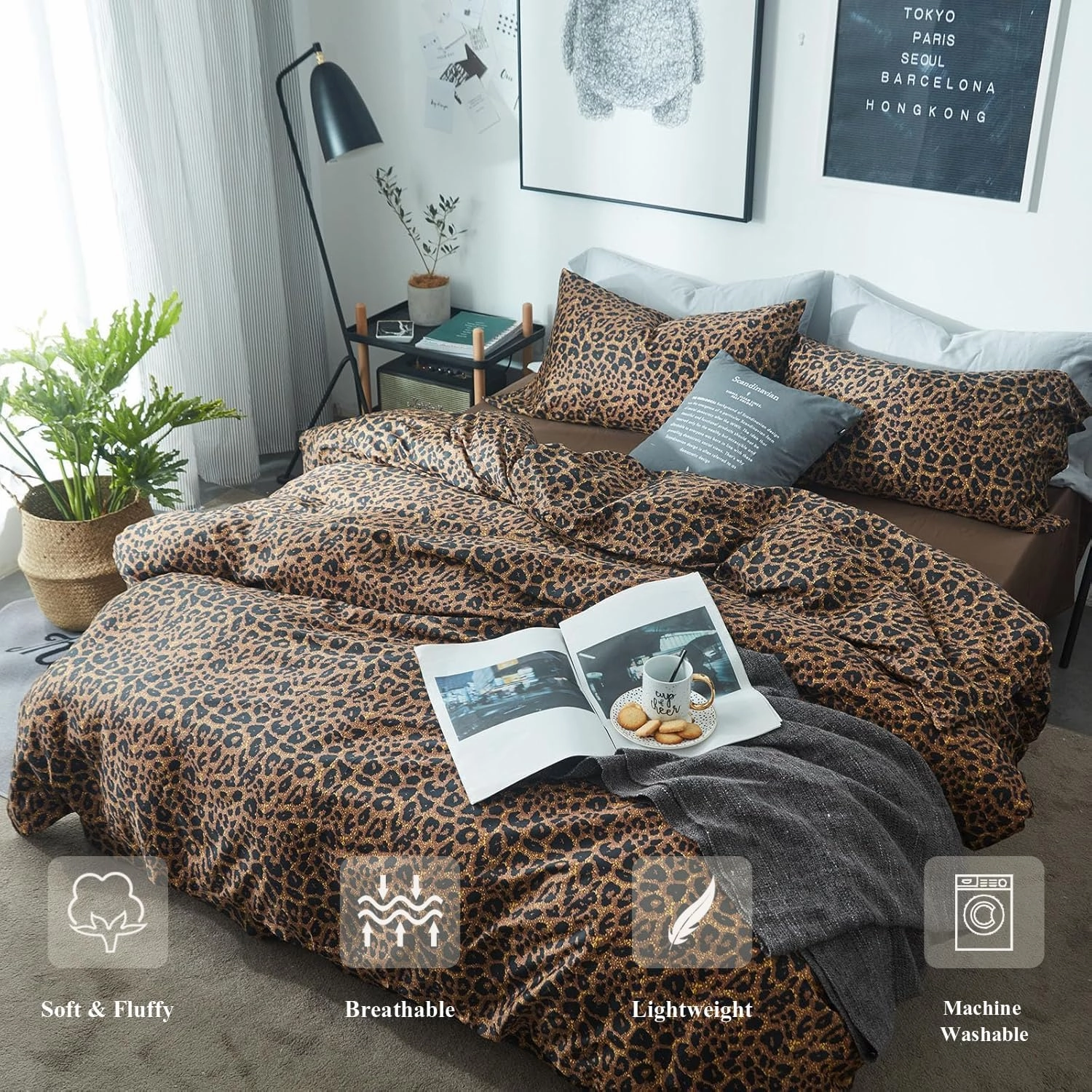 mixinni Leopard Print Comforter Set Twin XL-3 Pieces Animal Cheetah Printed Comforter Sexy Soft Fluffy Brown/Black Floral Print Bedding Set with 2 Pillowcases for All Season-Twin XL Size