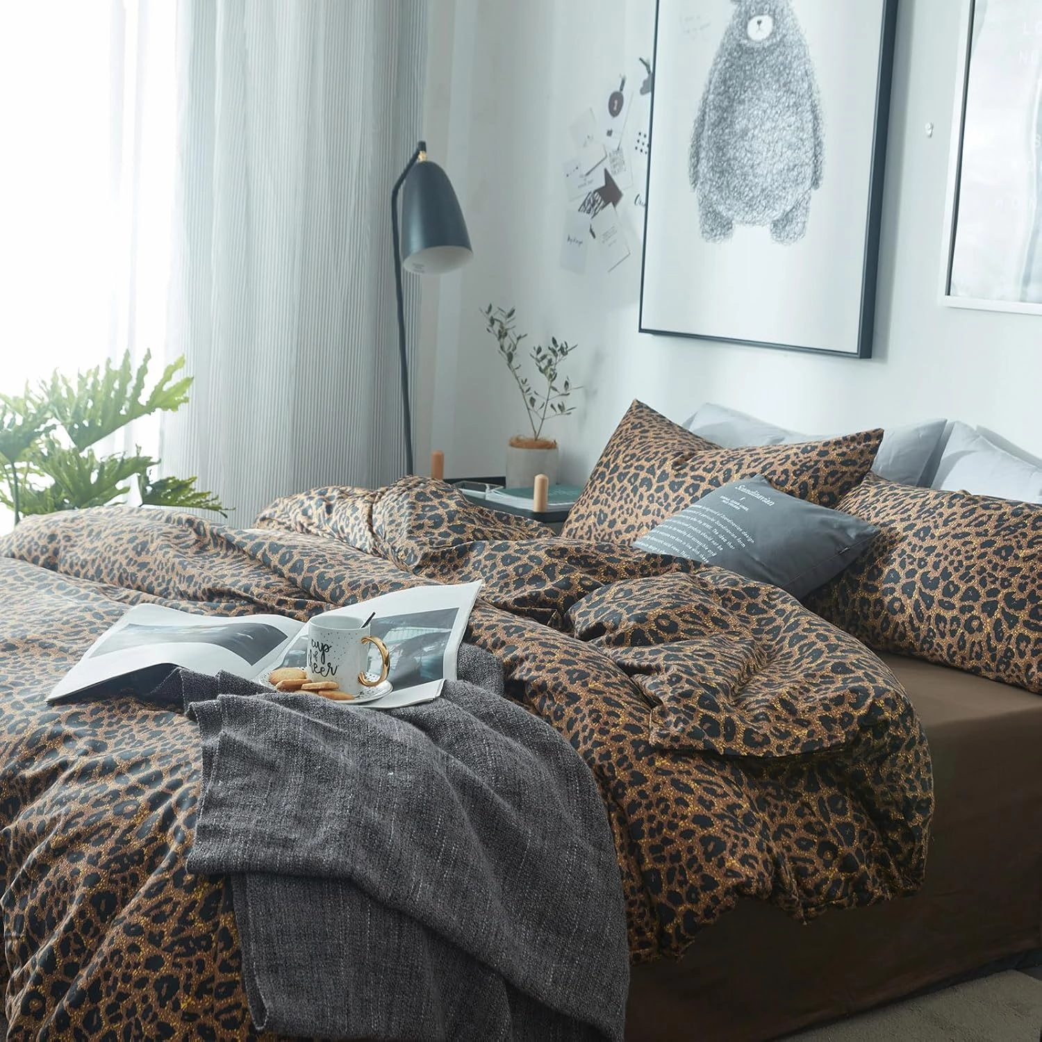 mixinni Leopard Print Comforter Set Twin XL-3 Pieces Animal Cheetah Printed Comforter Sexy Soft Fluffy Brown/Black Floral Print Bedding Set with 2 Pillowcases for All Season-Twin XL Size
