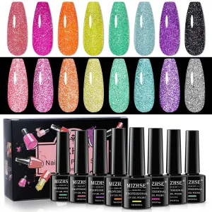 MIZHSE Reflective Glitter Gel Polish Set, Neon Reflective Gel Polish Shimmery Sparkly Diamond Soak Off U V LED Gels Polish Home Manicure Nail Art Salon