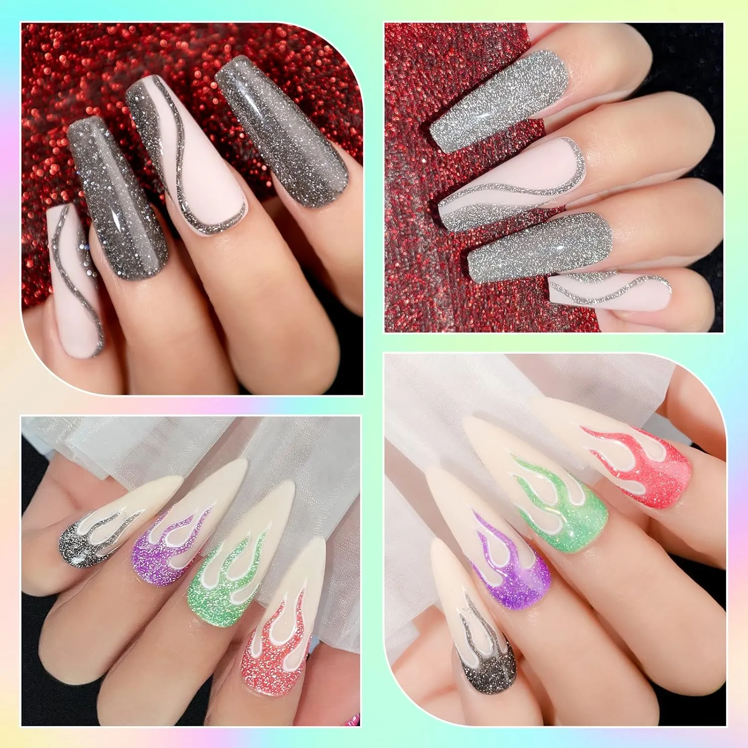 MIZHSE Reflective Glitter Gel Polish Set, Neon Reflective Gel Polish Shimmery Sparkly Diamond Soak Off U V LED Gels Polish Home Manicure Nail Art Salon