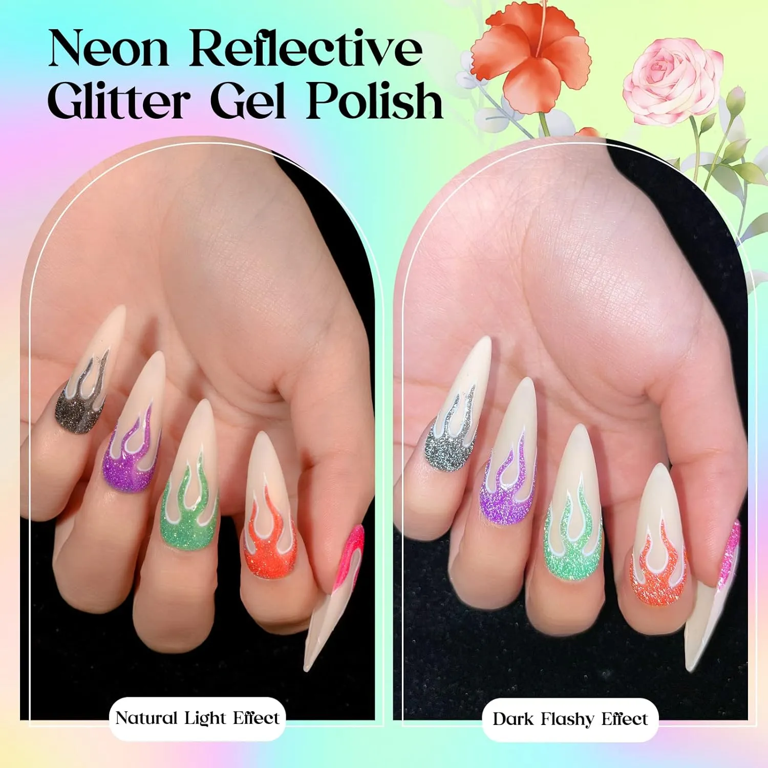 MIZHSE Reflective Glitter Gel Polish Set, Neon Reflective Gel Polish Shimmery Sparkly Diamond Soak Off U V LED Gels Polish Home Manicure Nail Art Salon