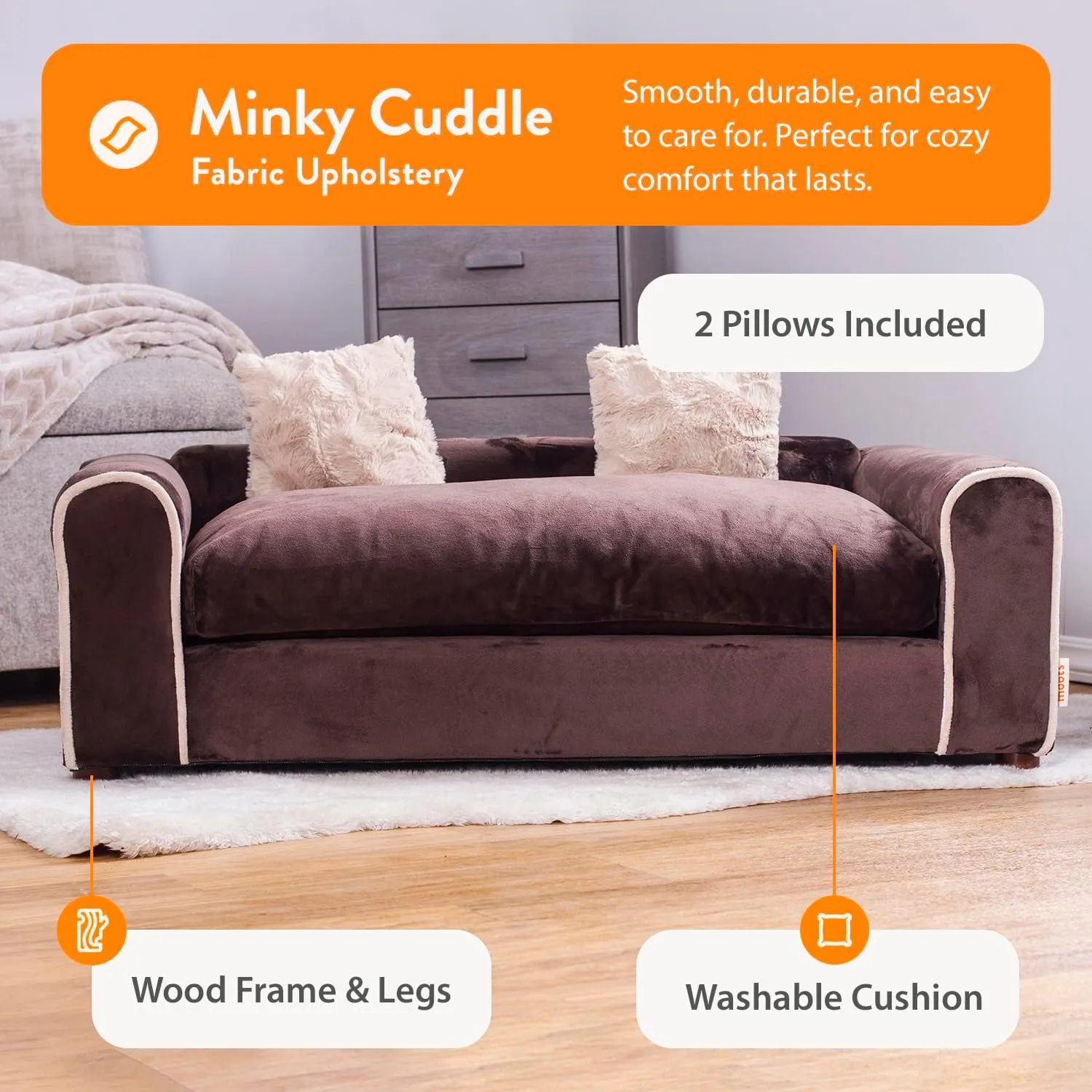 Moots Furry Pet Lounge, Deluxe Pet Bed for Dogs with 2 Pillows, Easy to Clean Chocolate Dog Sofa, Large