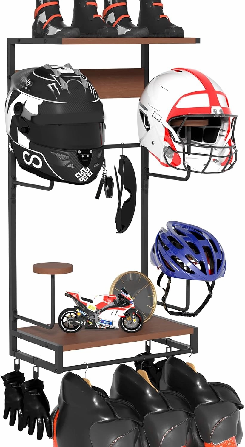 Motorcycle Helmet Holder Wall Mount, Rustic Helmet Rack With 2 Layer Wooden Boards and 4 Hat Stands for Motorcycle Gear Accessories Storage, 4 Clips, 5 Hooks for Glove Key Jacket Hanging