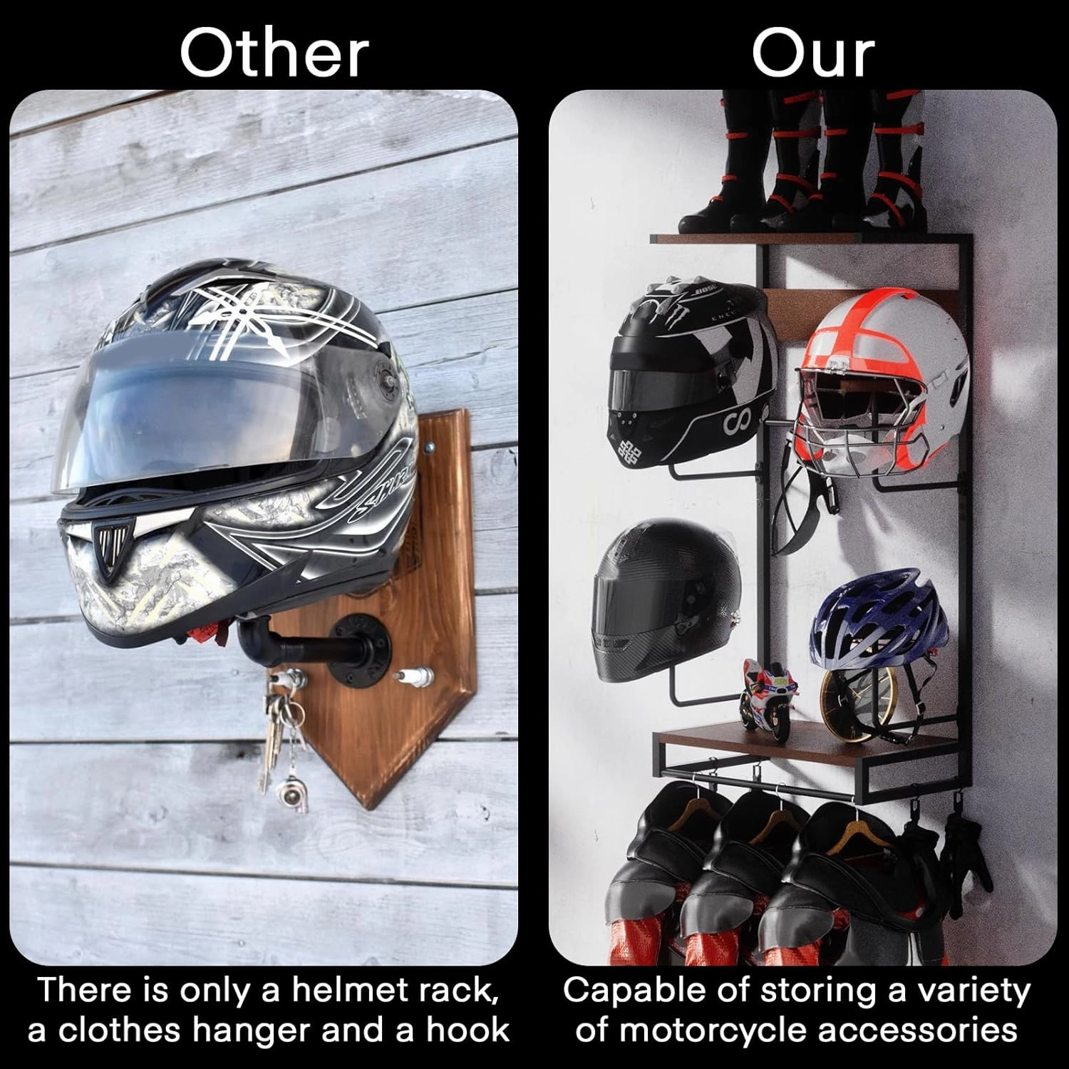 Motorcycle Helmet Holder Wall Mount, Rustic Helmet Rack With 2 Layer Wooden Boards and 4 Hat Stands for Motorcycle Gear Accessories Storage, 4 Clips, 5 Hooks for Glove Key Jacket Hanging