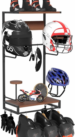 Motorcycle Helmet Holder Wall Mount, Rustic Helmet Rack With 2 Layer Wooden Boards and 4 Hat Stands for Motorcycle Gear Accessories Storage, 4 Clips, 5 Hooks for Glove Key Jacket Hanging