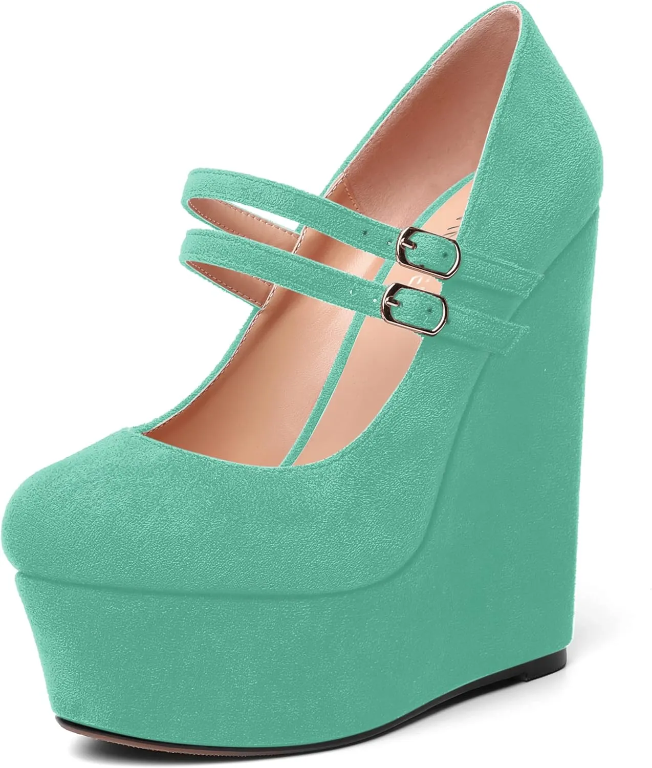 MOVINSTEPS Womens Suede Buckle Party Round Toe Adjustable Dual Straps Mary Jane Platform Dress Wedge High Heel Pumps Shoes 6 Inch