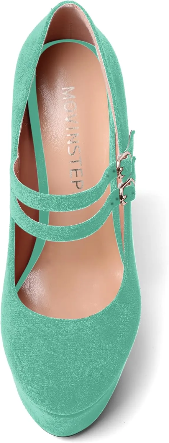 MOVINSTEPS Womens Suede Buckle Party Round Toe Adjustable Dual Straps Mary Jane Platform Dress Wedge High Heel Pumps Shoes 6 Inch