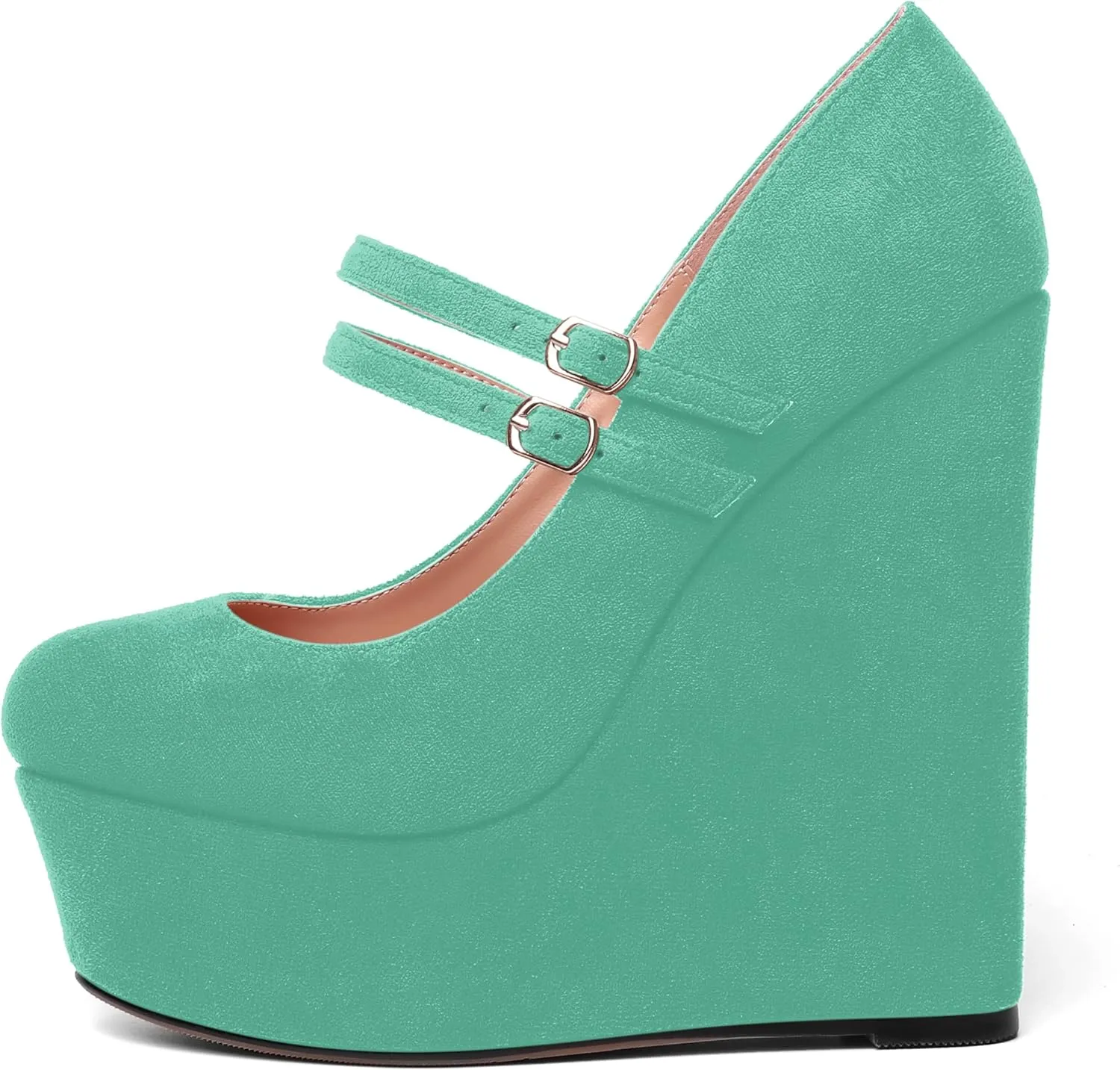 MOVINSTEPS Womens Suede Buckle Party Round Toe Adjustable Dual Straps Mary Jane Platform Dress Wedge High Heel Pumps Shoes 6 Inch
