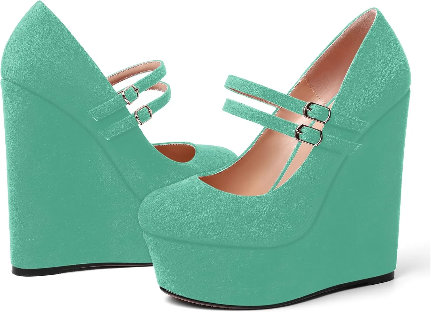 MOVINSTEPS Womens Suede Buckle Party Round Toe Adjustable Dual Straps Mary Jane Platform Dress Wedge High Heel Pumps Shoes 6 Inch