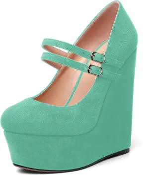 MOVINSTEPS Womens Suede Buckle Party Round Toe Adjustable Dual Straps Mary Jane Platform Dress Wedge High Heel Pumps Shoes 6 Inch