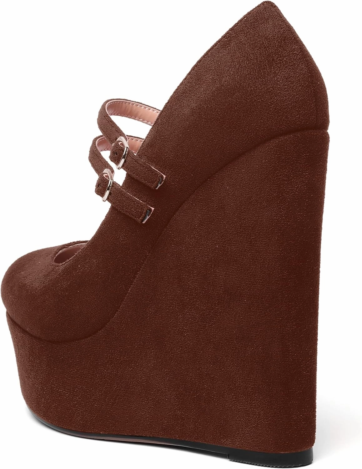 MOVINSTEPS Womens Suede Buckle Party Round Toe Adjustable Dual Straps Mary Jane Platform Dress Wedge High Heel Pumps Shoes 6 Inch