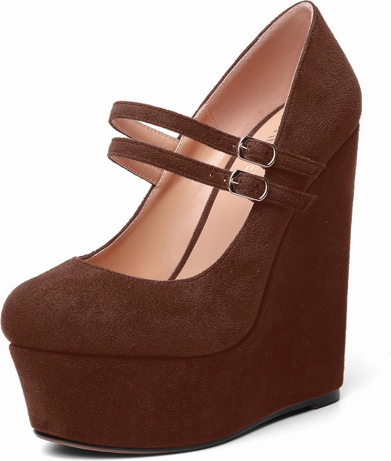 MOVINSTEPS Womens Suede Buckle Party Round Toe Adjustable Dual Straps Mary Jane Platform Dress Wedge High Heel Pumps Shoes 6 Inch