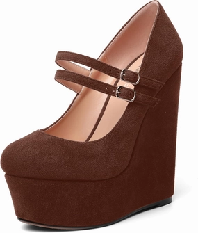 MOVINSTEPS Womens Suede Buckle Party Round Toe Adjustable Dual Straps Mary Jane Platform Dress Wedge High Heel Pumps Shoes 6 Inch