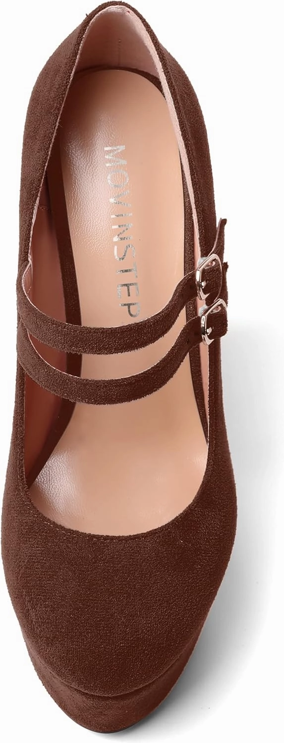 MOVINSTEPS Womens Suede Buckle Party Round Toe Adjustable Dual Straps Mary Jane Platform Dress Wedge High Heel Pumps Shoes 6 Inch