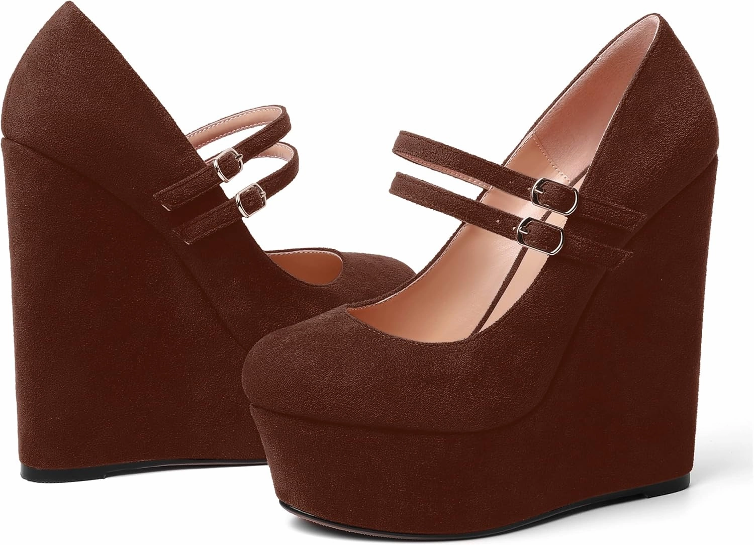 MOVINSTEPS Womens Suede Buckle Party Round Toe Adjustable Dual Straps Mary Jane Platform Dress Wedge High Heel Pumps Shoes 6 Inch