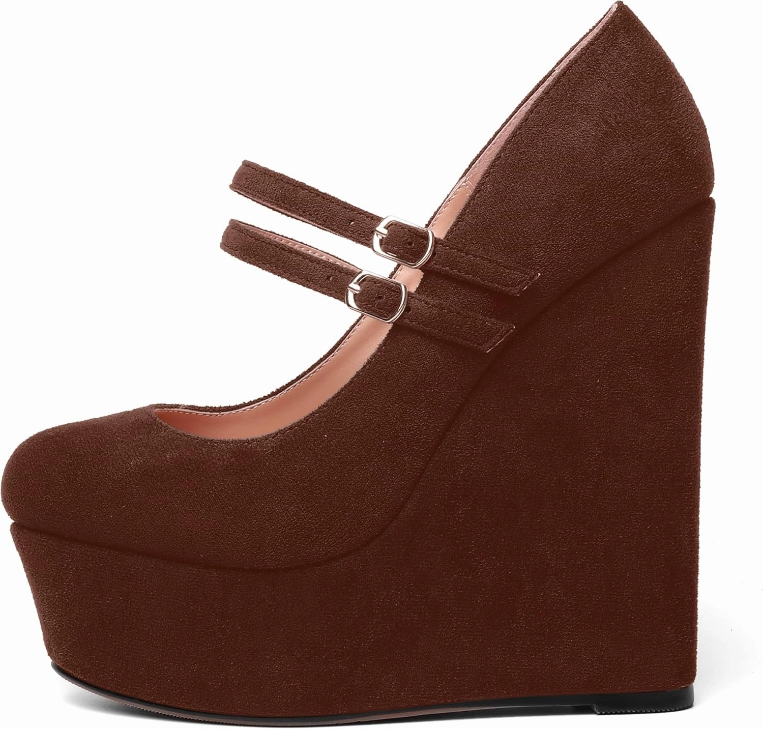 MOVINSTEPS Womens Suede Buckle Party Round Toe Adjustable Dual Straps Mary Jane Platform Dress Wedge High Heel Pumps Shoes 6 Inch