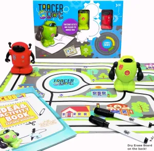 MUKIKIM TracerBot Set (2 Robot Set) – Mini Inductive Robot That Follows The Black Line You Draw. Fun, Educational, and Interactive STEM Toy! Includes Trail Map, Dry Erase Board, and Playbook