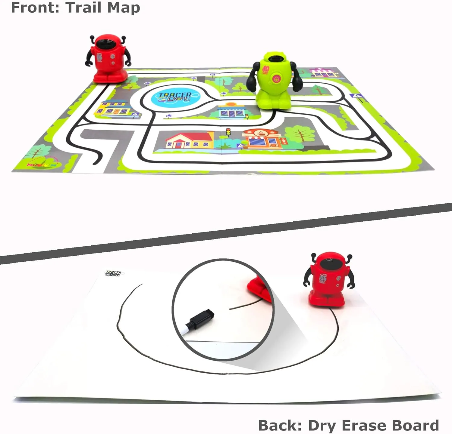 MUKIKIM TracerBot Set (2 Robot Set) – Mini Inductive Robot That Follows The Black Line You Draw. Fun, Educational, and Interactive STEM Toy! Includes Trail Map, Dry Erase Board, and Playbook