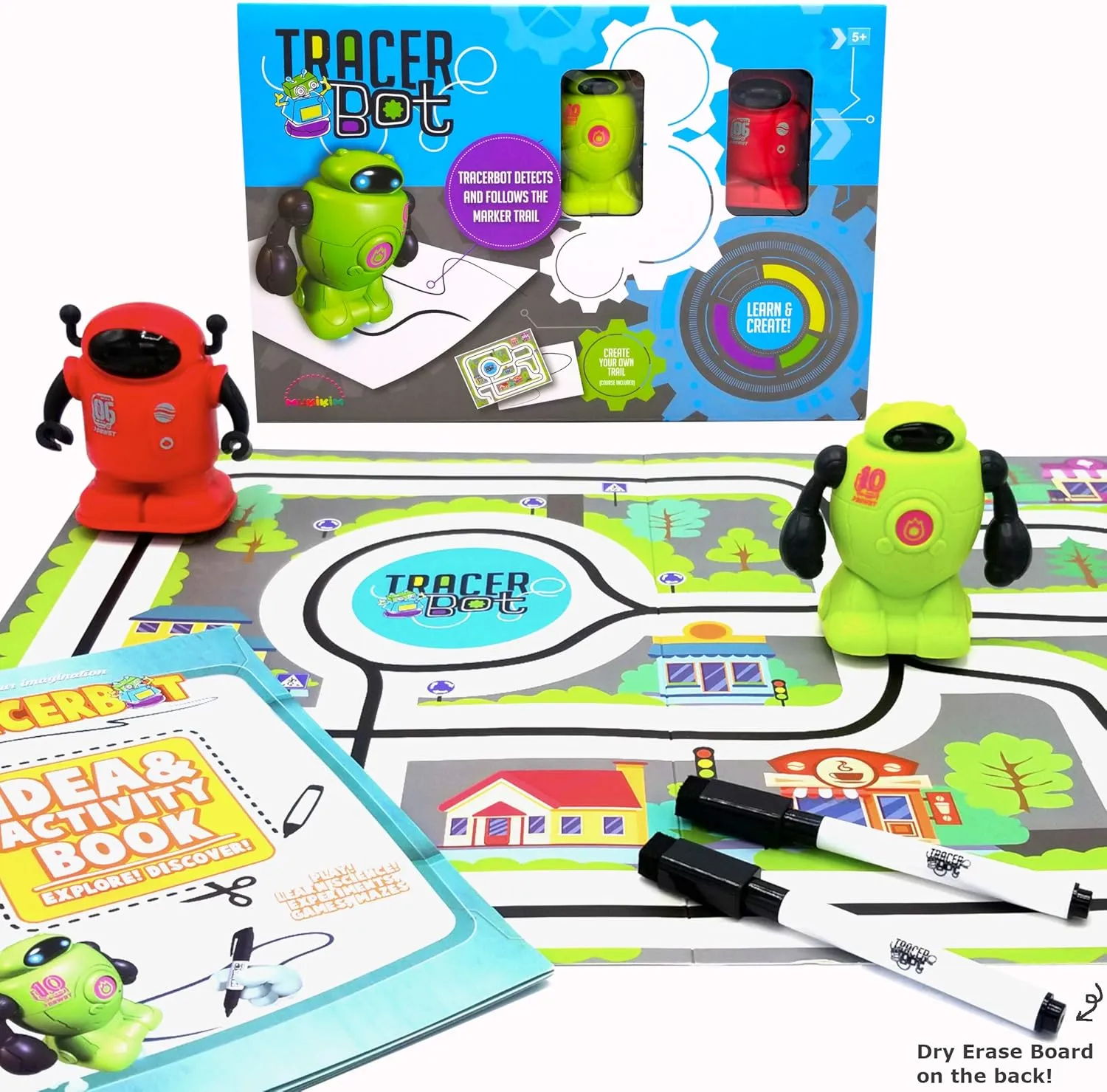MUKIKIM TracerBot Set (2 Robot Set) – Mini Inductive Robot That Follows The Black Line You Draw. Fun, Educational, and Interactive STEM Toy! Includes Trail Map, Dry Erase Board, and Playbook