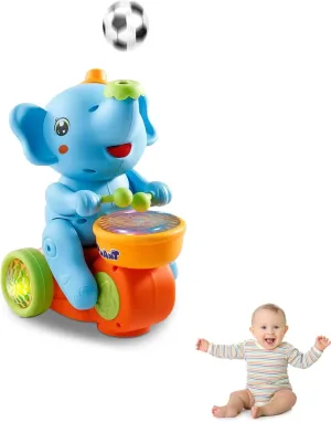 Musical Walking Elephant Drummer Toy Multifunctional Drumming Car Blow Floating Ball Tricycle Children's Drum with LED Lights