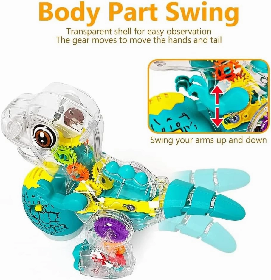 Nenekal Electric T-REX Dinosaur Toy with Transparent Gears & Multicolored Flashing LED Lights, Music, Moving Wheels, STEM Toys for Toddlers, Boys & Girls, Tummy Time