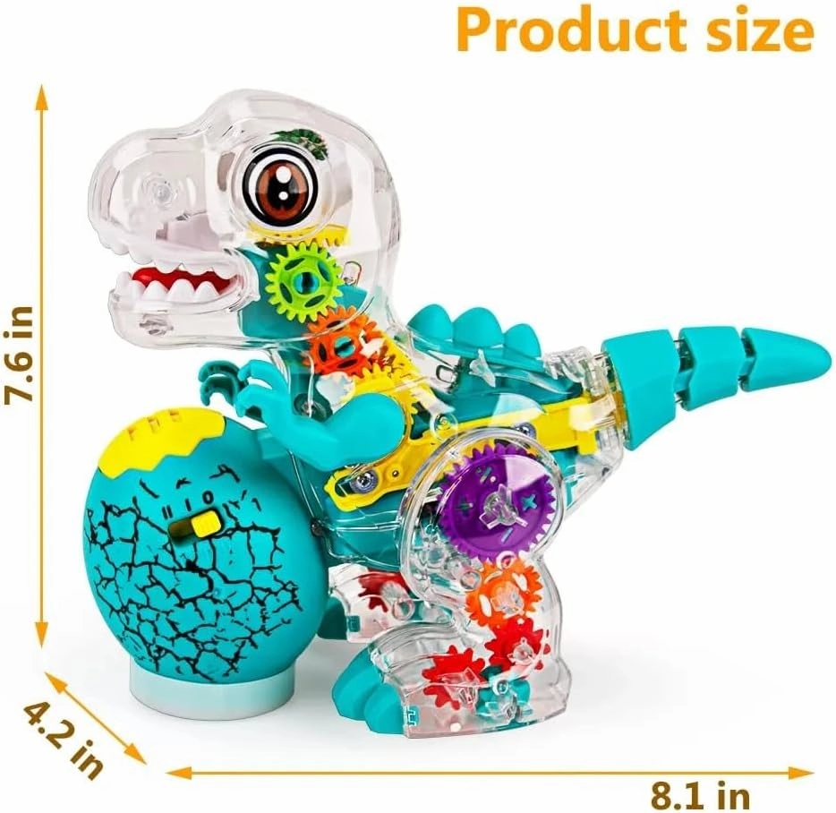 Nenekal Electric T-REX Dinosaur Toy with Transparent Gears & Multicolored Flashing LED Lights, Music, Moving Wheels, STEM Toys for Toddlers, Boys & Girls, Tummy Time