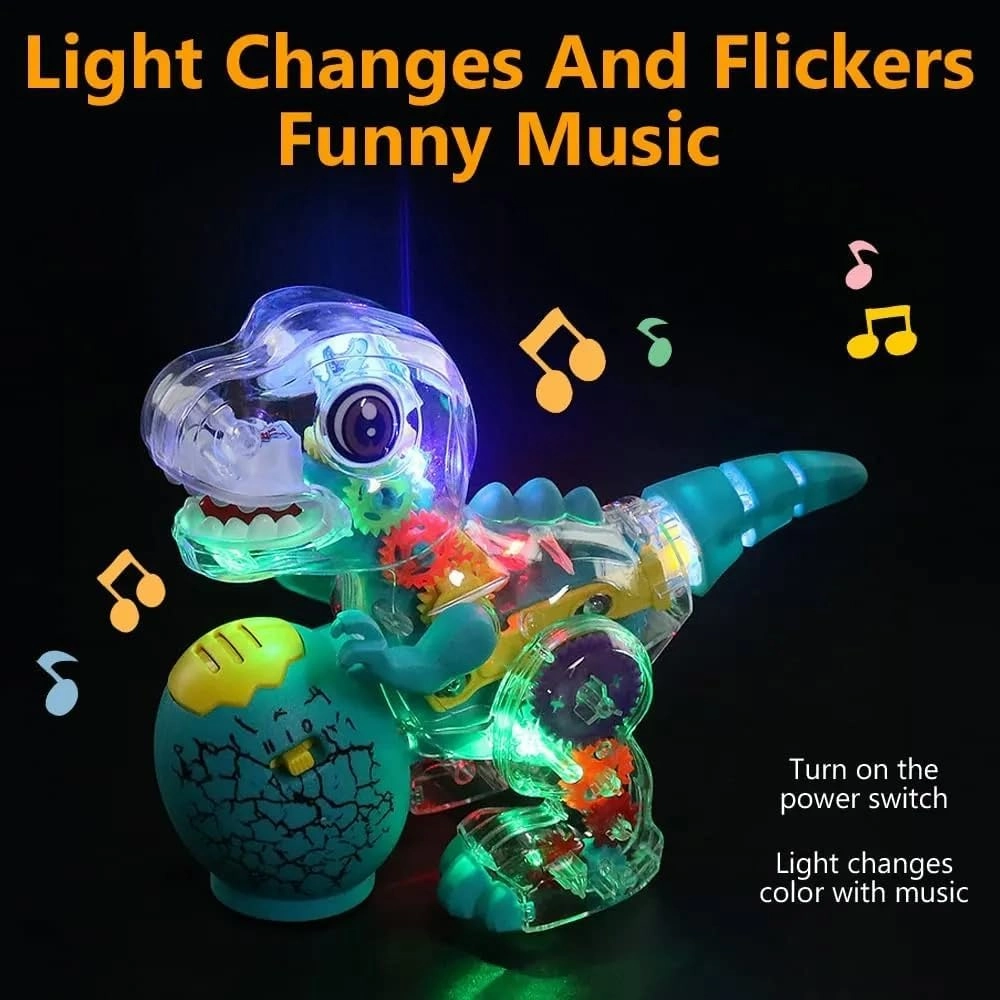 Nenekal Electric T-REX Dinosaur Toy with Transparent Gears & Multicolored Flashing LED Lights, Music, Moving Wheels, STEM Toys for Toddlers, Boys & Girls, Tummy Time