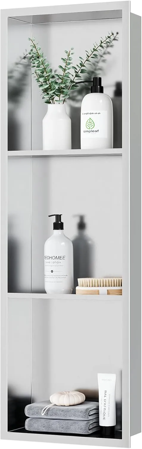 Neodrain 12X36 Inch Shower Niche,Brushed 3-Tier Stainless Niche NO Tile Needed Recessed Niche Shower for Bathroom Storage