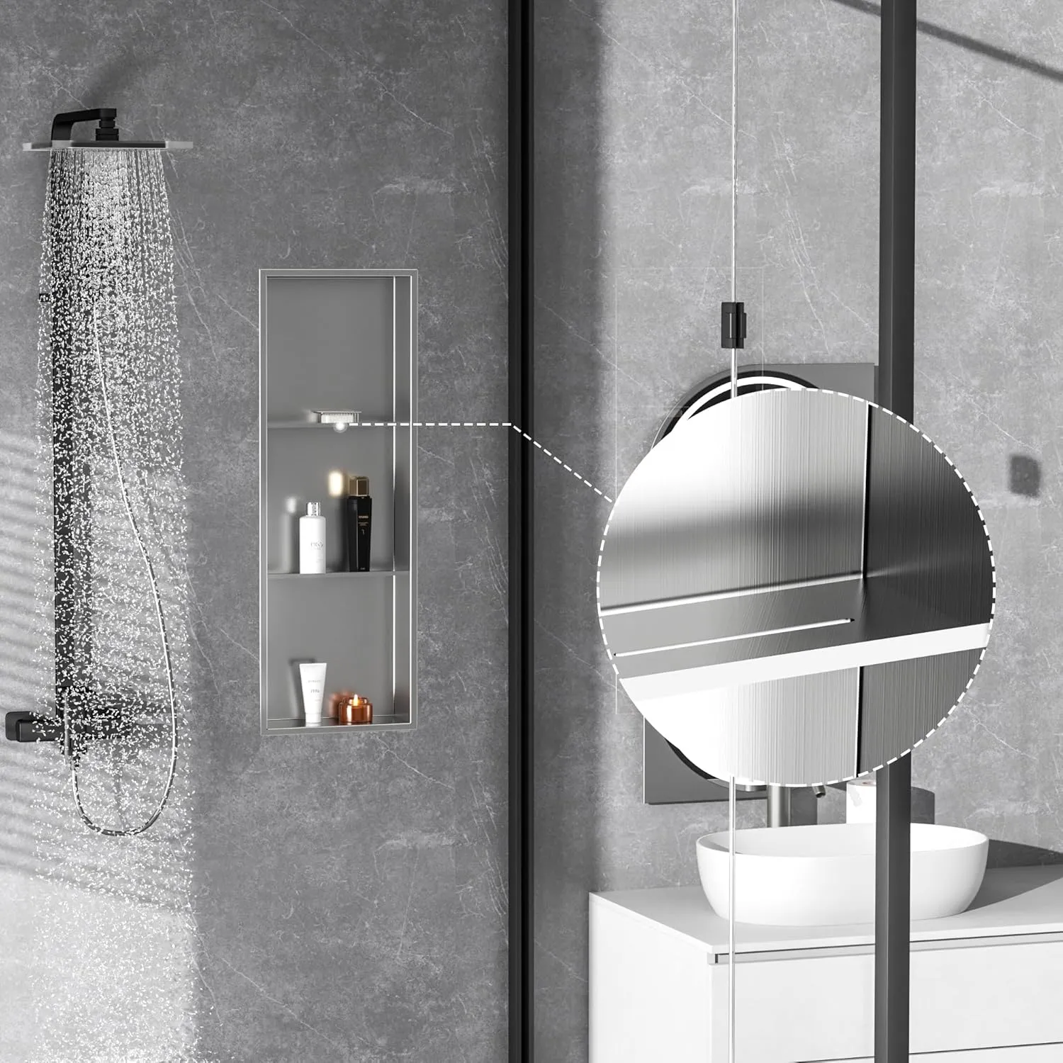 Neodrain 12X36 Inch Shower Niche,Brushed 3-Tier Stainless Niche NO Tile Needed Recessed Niche Shower for Bathroom Storage