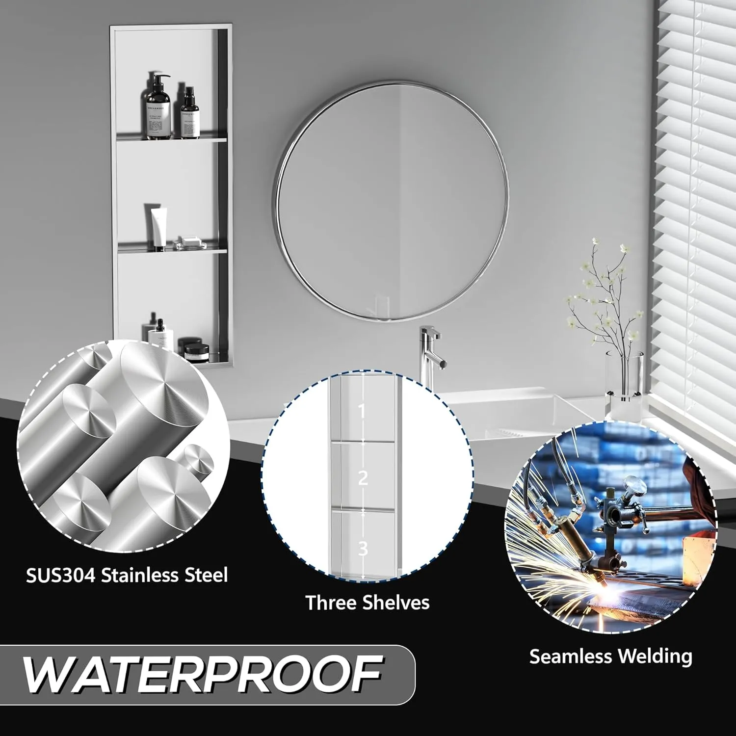 Neodrain 12X36 Inch Shower Niche,Brushed 3-Tier Stainless Niche NO Tile Needed Recessed Niche Shower for Bathroom Storage
