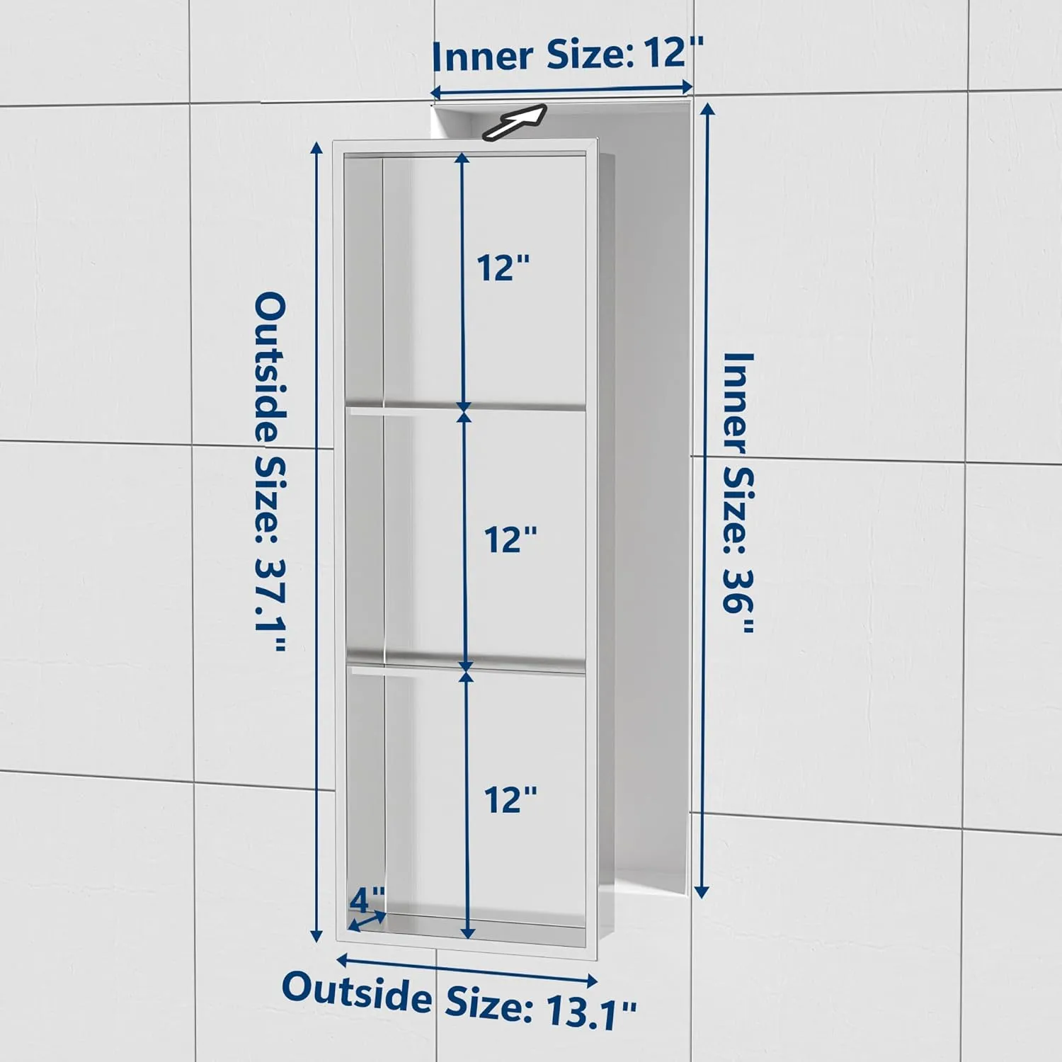 Neodrain 12X36 Inch Shower Niche,Brushed 3-Tier Stainless Niche NO Tile Needed Recessed Niche Shower for Bathroom Storage