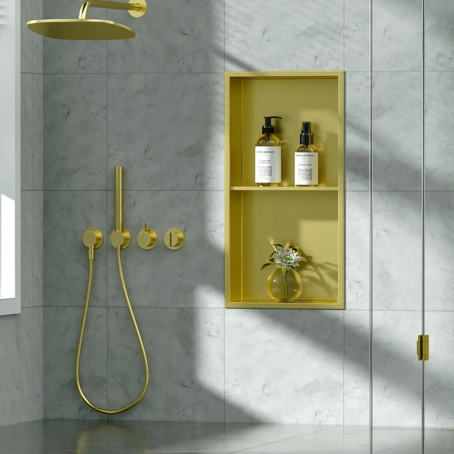 Neodrain No Tile Shower Niche, 12X24Inch Golden Stainless Steel Wall Niche, Two-Tier Bathroom Shelf, NO Tile Needed Recessed Niche for Bathroom Storage