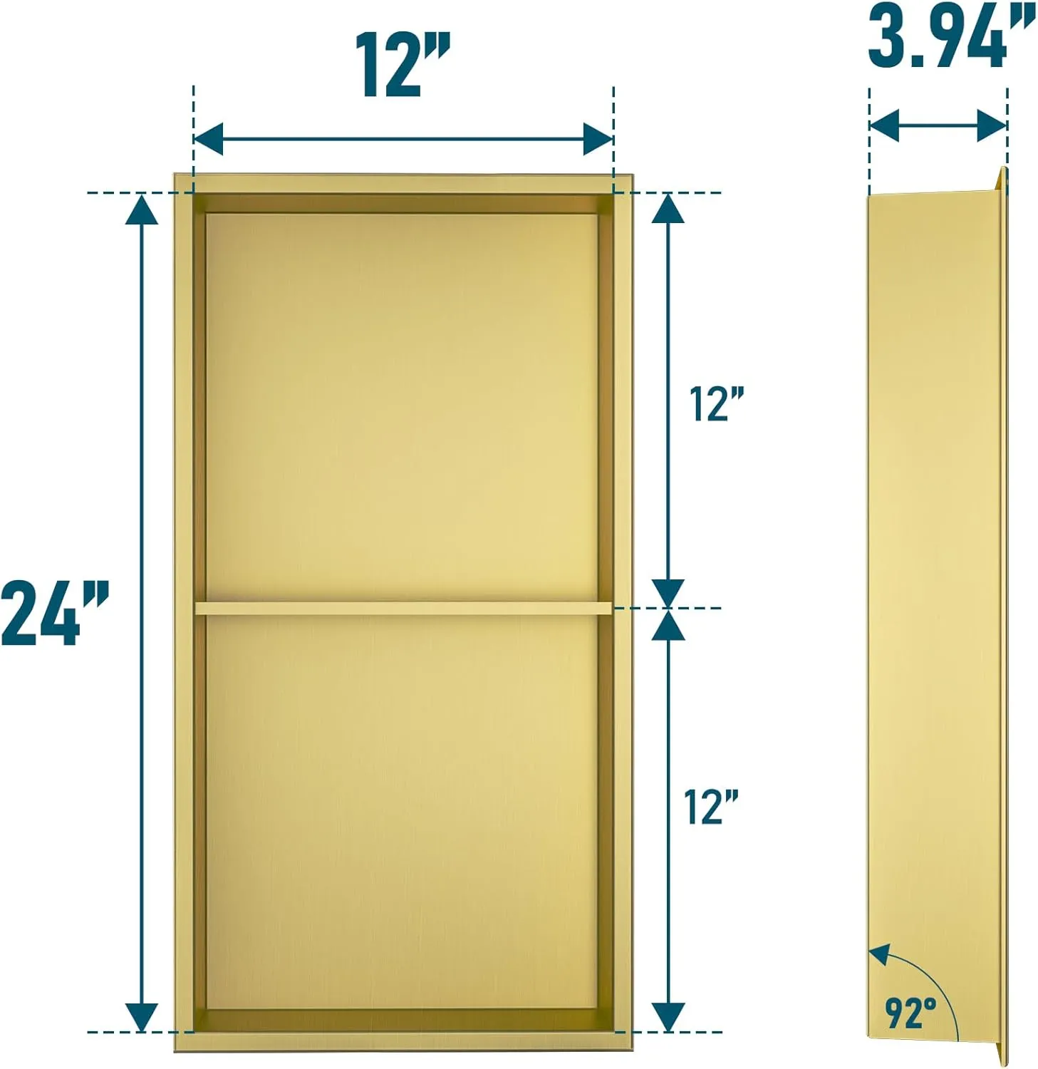 Neodrain No Tile Shower Niche, 12X24Inch Golden Stainless Steel Wall Niche, Two-Tier Bathroom Shelf, NO Tile Needed Recessed Niche for Bathroom Storage